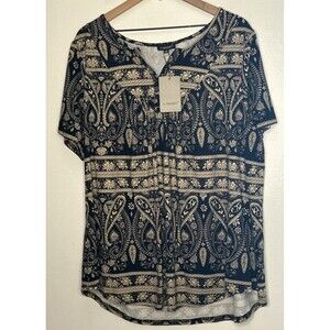 A. Jesdani Top Womens 3X Black Tan Paisley Print Henley Style Tunic Resort Comfy
